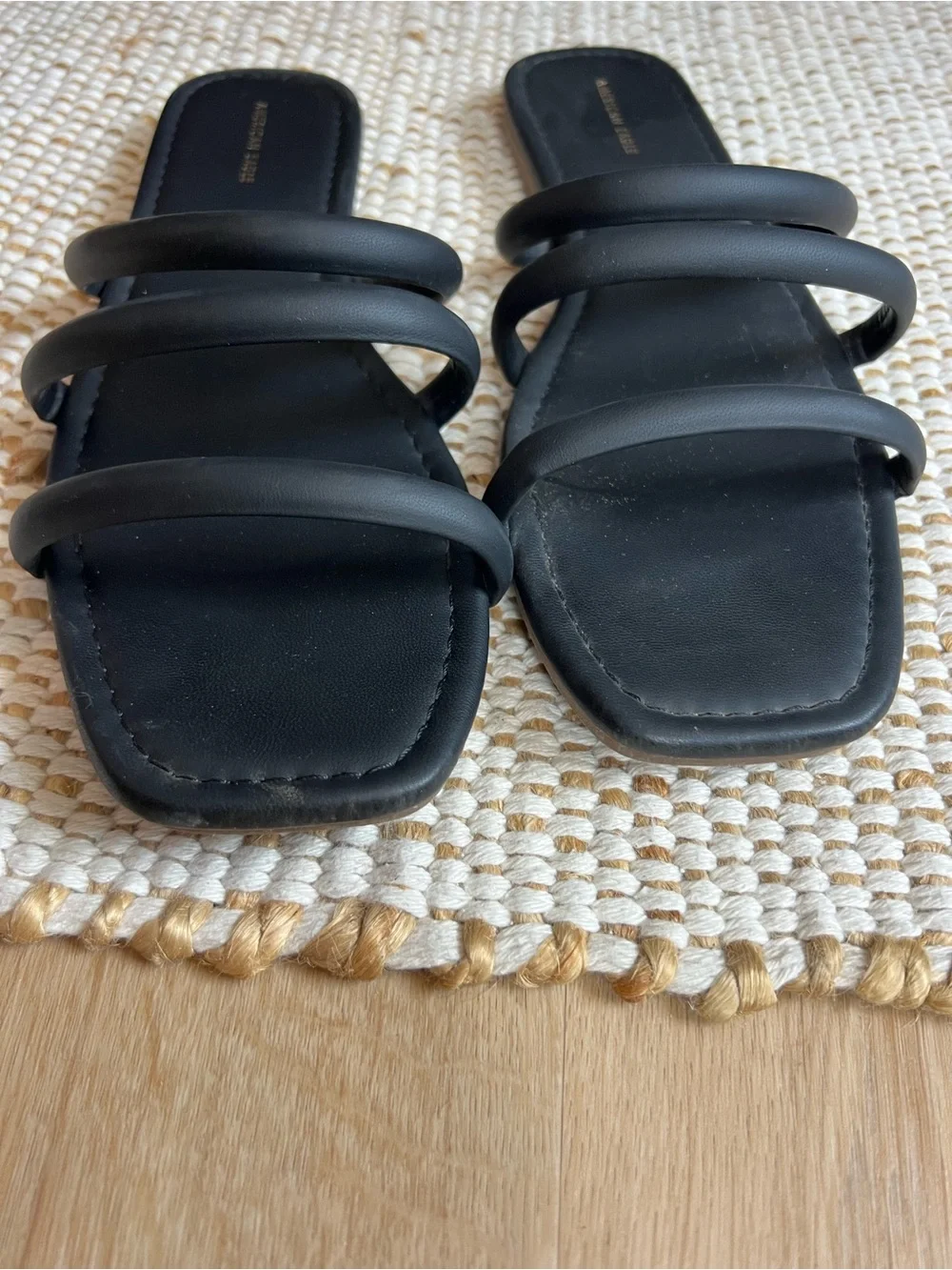 American Eagle Outfitters Black Triple-Strap Square-Toe Slide Sandals